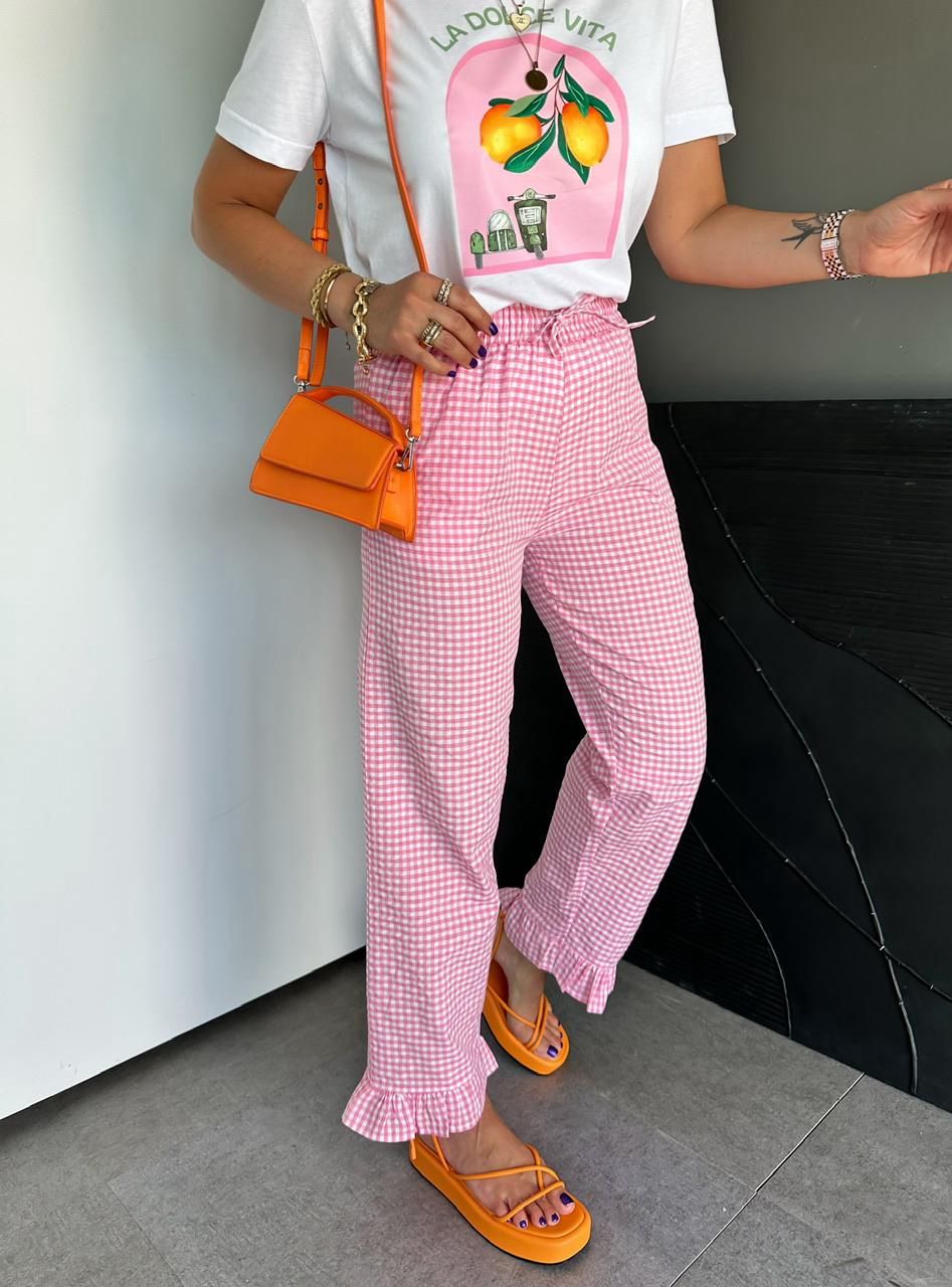 Pink Plaid Trousers with Ruffles image 1