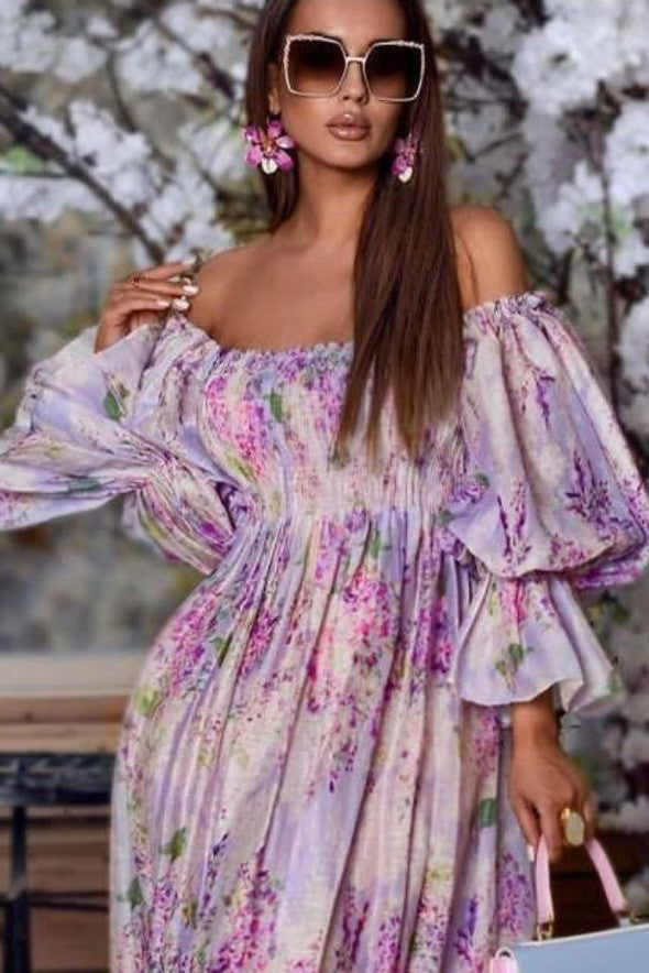 Allover Floral Print Shirred Off Shoulder Slit Ruffle Hem Dress image 2