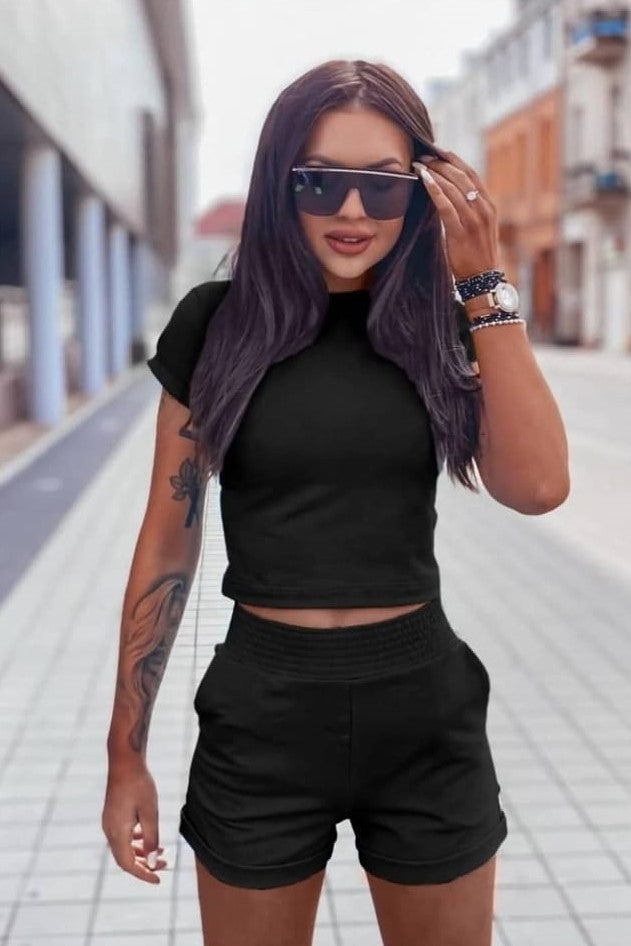 Crop Tee and Shorts Lounge Set<span> - </span>Black, Medium image