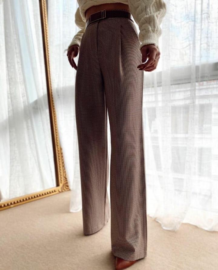 Plaid Wide Leg Pants- Brown image 0