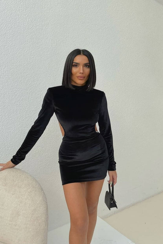 Black Velvet Backless Dress With Back Accessory image 0
