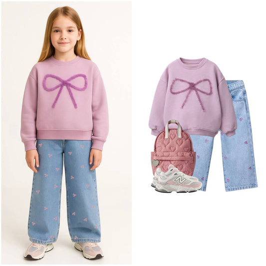 Girls Set Top & baggy Jeans Pink with Bow ties image 0