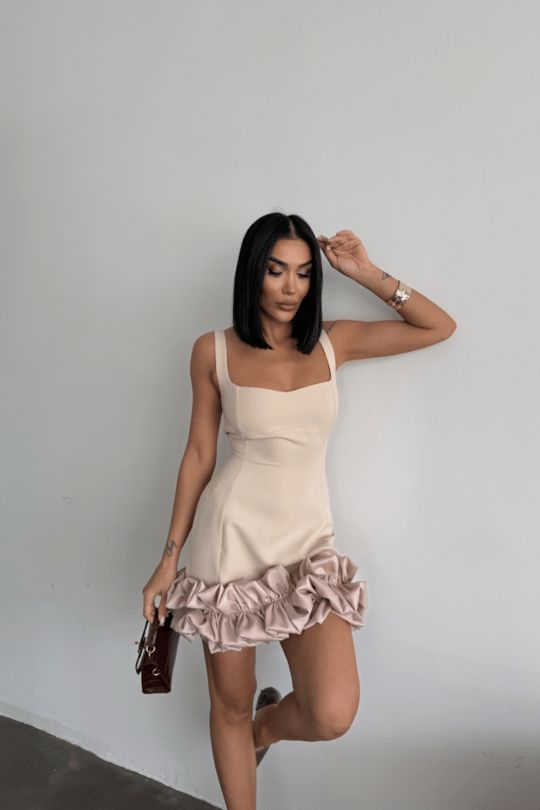 Beige Ruffle Satin Short Dress image 1