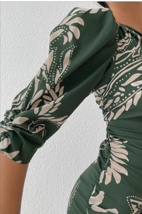 Leaf Print One Shoulder Puff Sleeve Dress image 3