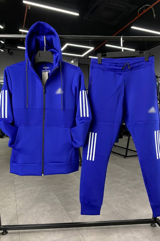 Scuba Denim Dark Blue Zip Up Drawstring Hoodie With Sweatpants image 0