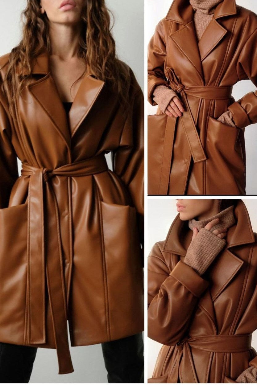 PU Leather Brown Belted Coat image 0