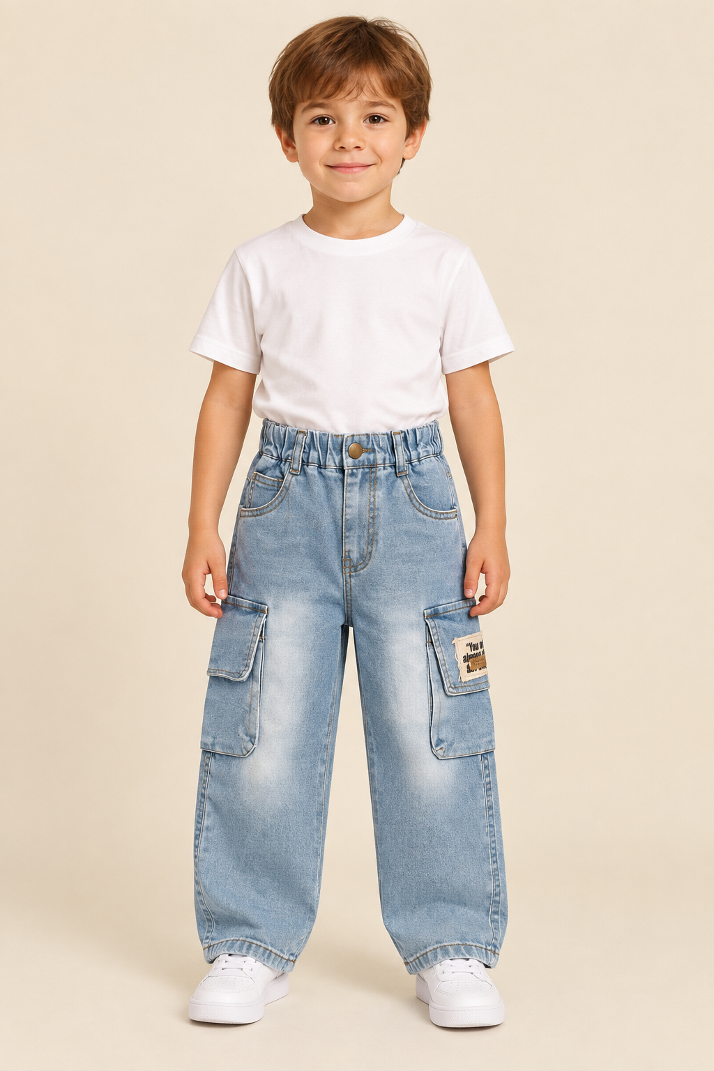 5-year-old boy wearing the light-blue cargo jeans