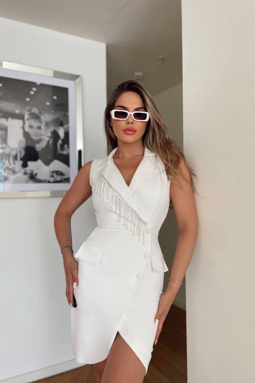 Collar Rhinestone Detail Dress- White image 0