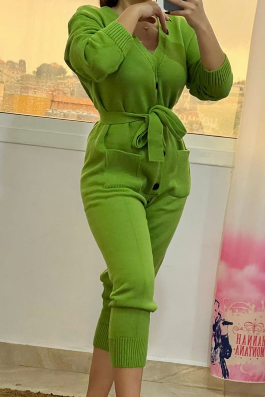 Green Belted Knit Jumpsuit image 0