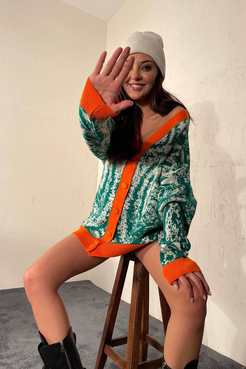 Spotted Pattern Button Up Cardigan - Orange and Green image 0