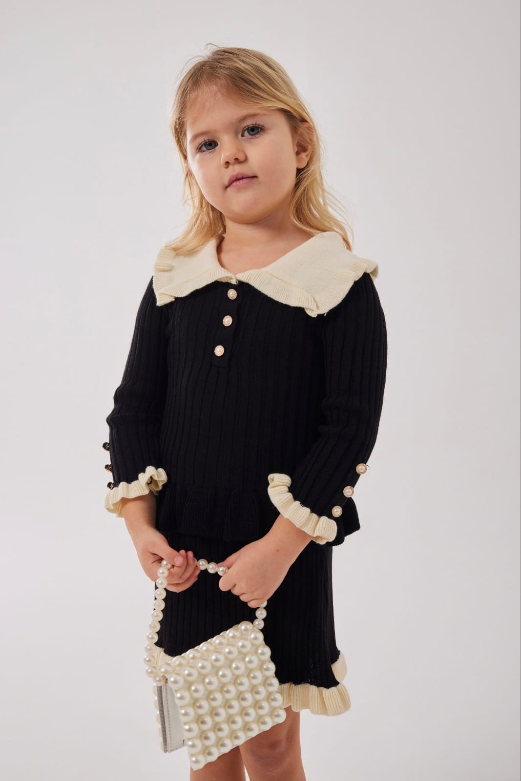 Girls Ribbed Knit Skirt Set with Ruffle Collar & Pearl Buttons