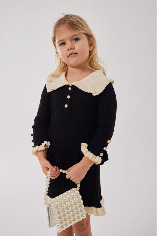 Girls Ribbed Knit Skirt Set with Ruffle Collar & Pearl Buttons
