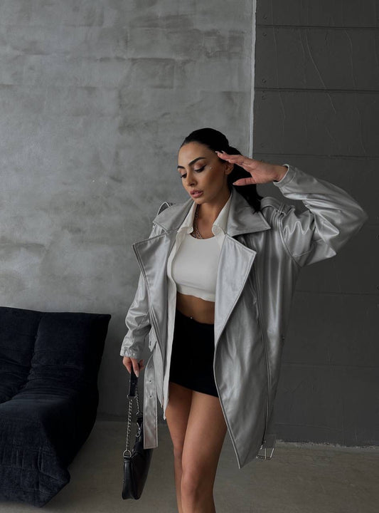 Silver Metallic Biker Jacket image 0