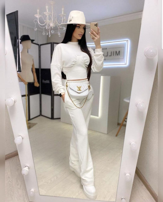 Long Sleeved Top and Wide Pants Set- White image 0