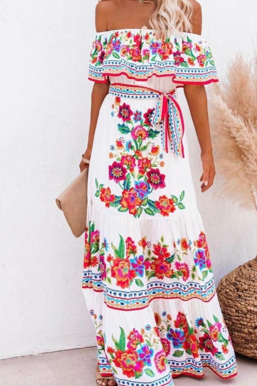 Mexican Floral Print Split Hem Dress With Belt image 0
