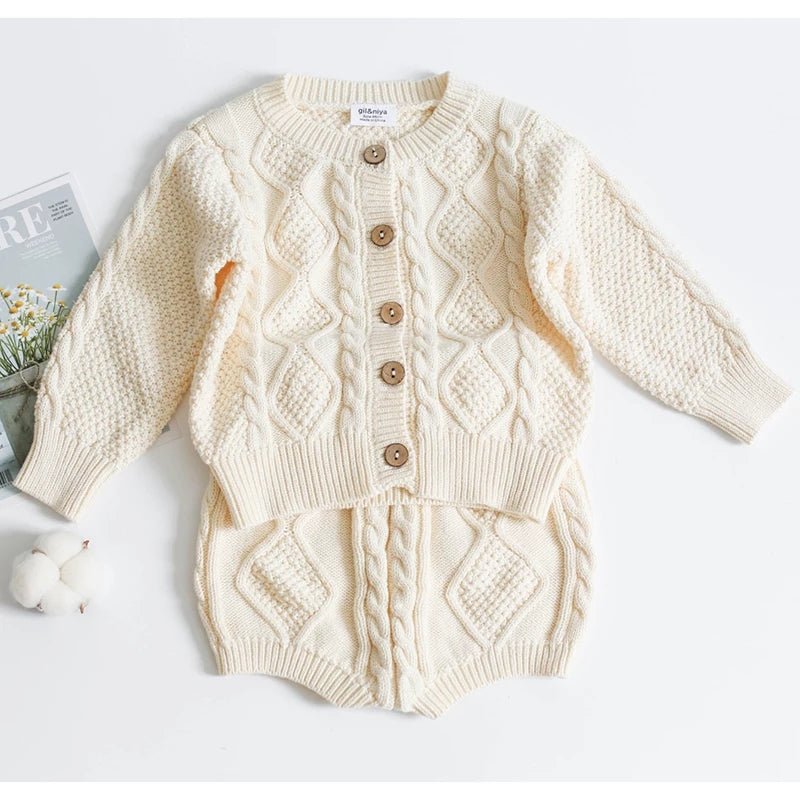 Knit Sweater Cardigan and Shorts- Beige image 1