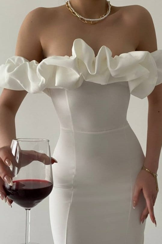 Off shoulder pencil dress- White image 3