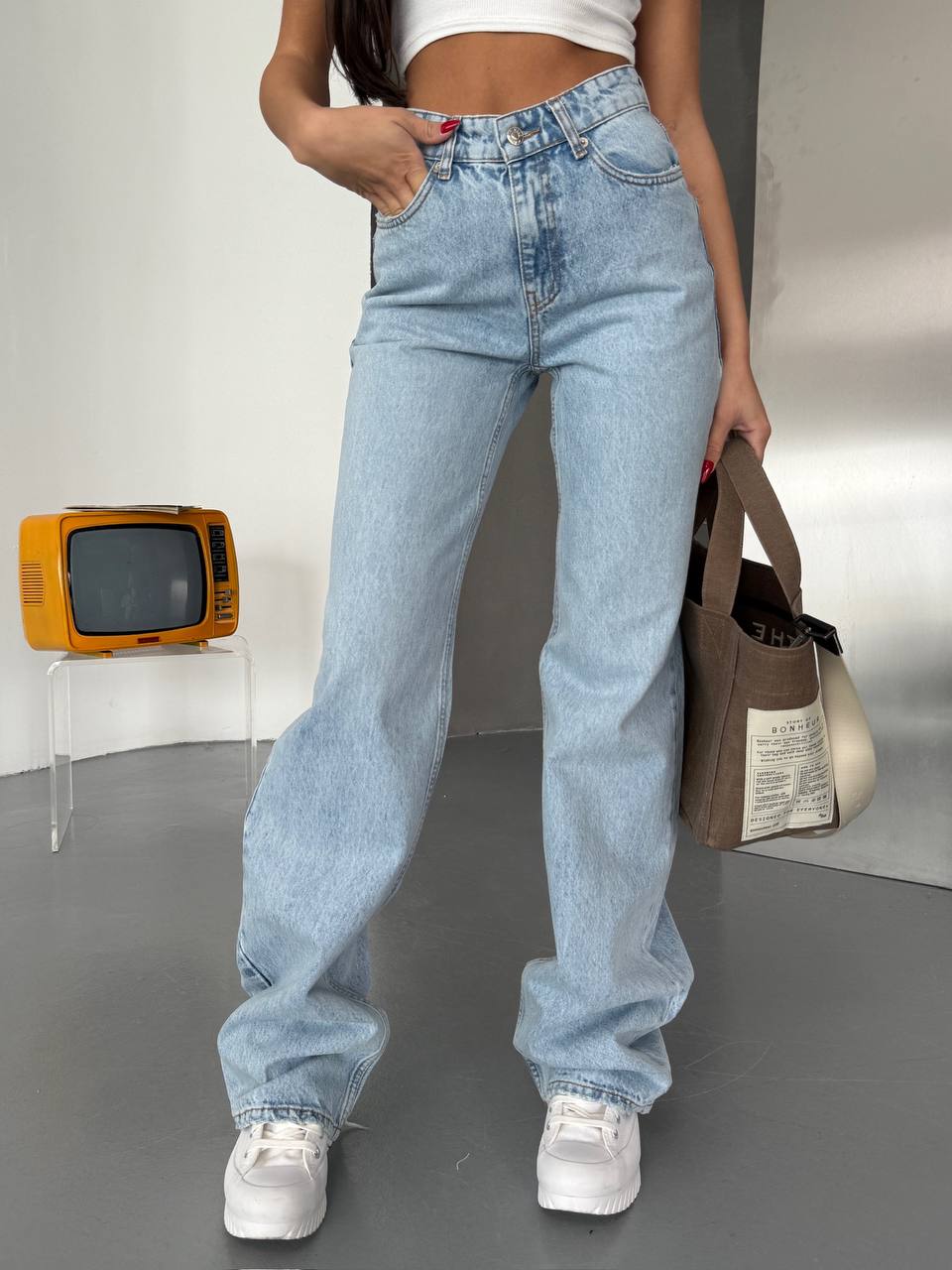 Light Color Washed Denim Wide Leg High Waist image 0
