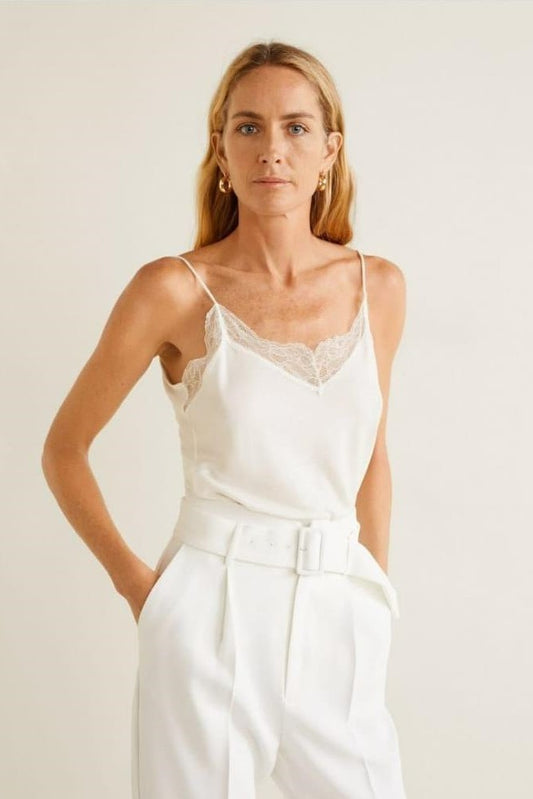 Ribbed Lace-detailed White Tank Top image 0