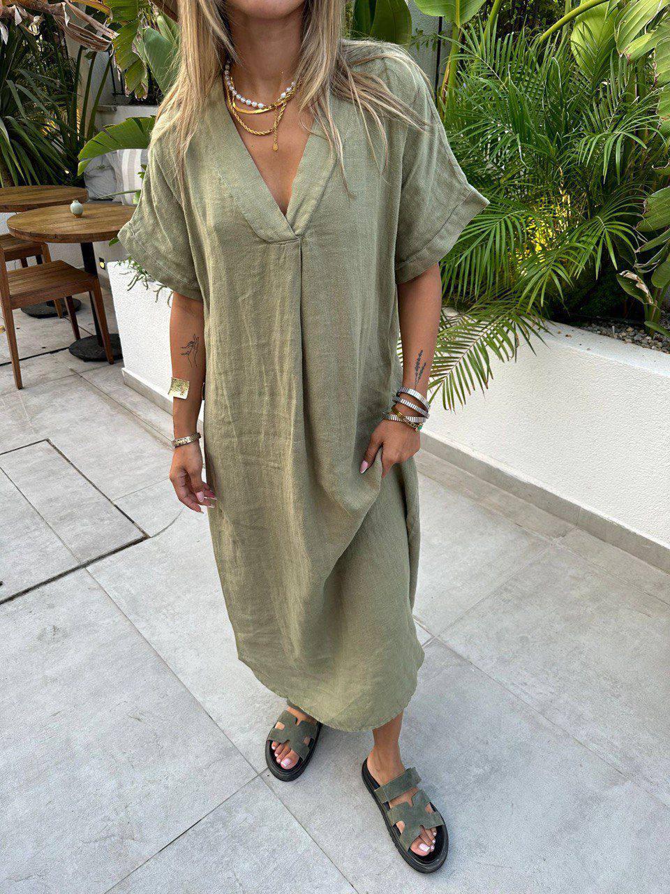 V-neck Solid Long Dress - Linen image 0