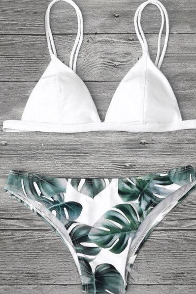 Palm Leaf Triangle Bikini Set<span> - </span>White- Palm Leaf, Medium image