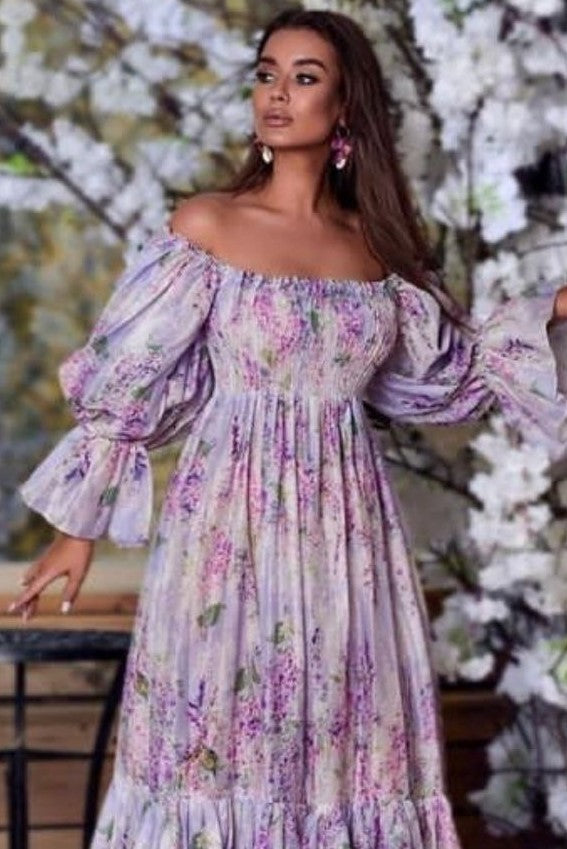 Allover Floral Print Shirred Off Shoulder Slit Ruffle Hem Dress image 0