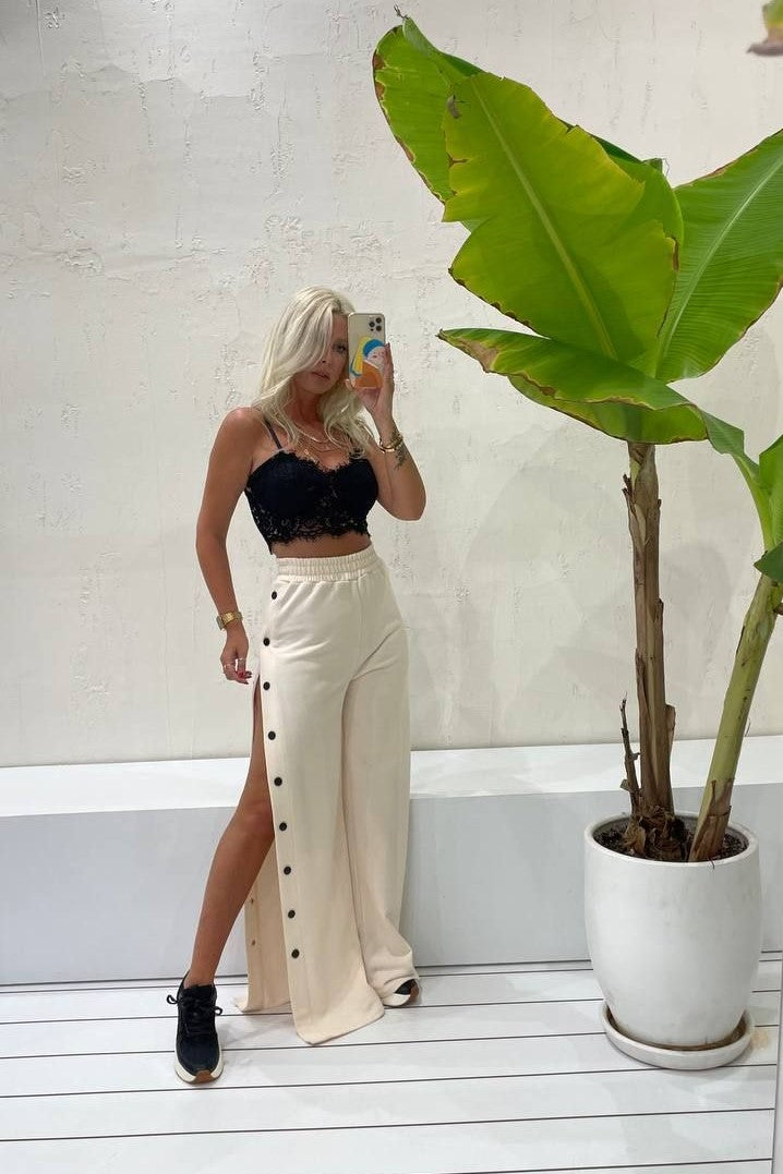 Button Side Wide Leg Trousers<span> - </span>Beige, Medium image