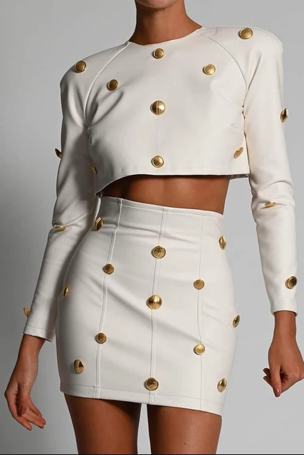 Vegan Leather Long Sleeve Crop Top and Skirt with Gold Button image 1