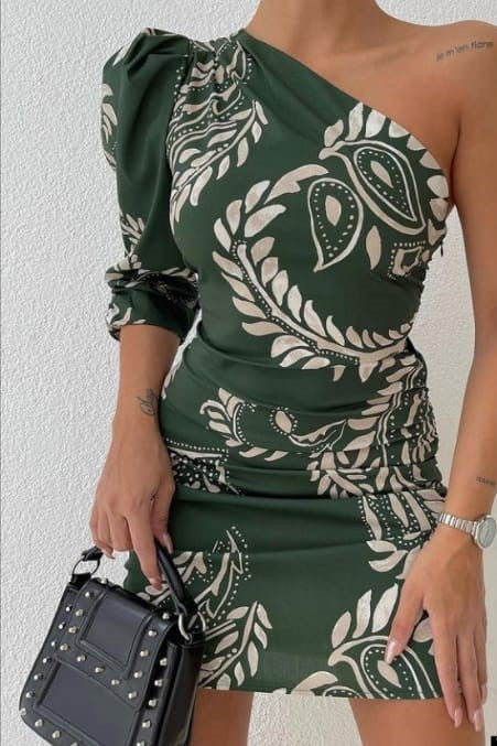 Leaf Print One Shoulder Puff Sleeve Dress image 2