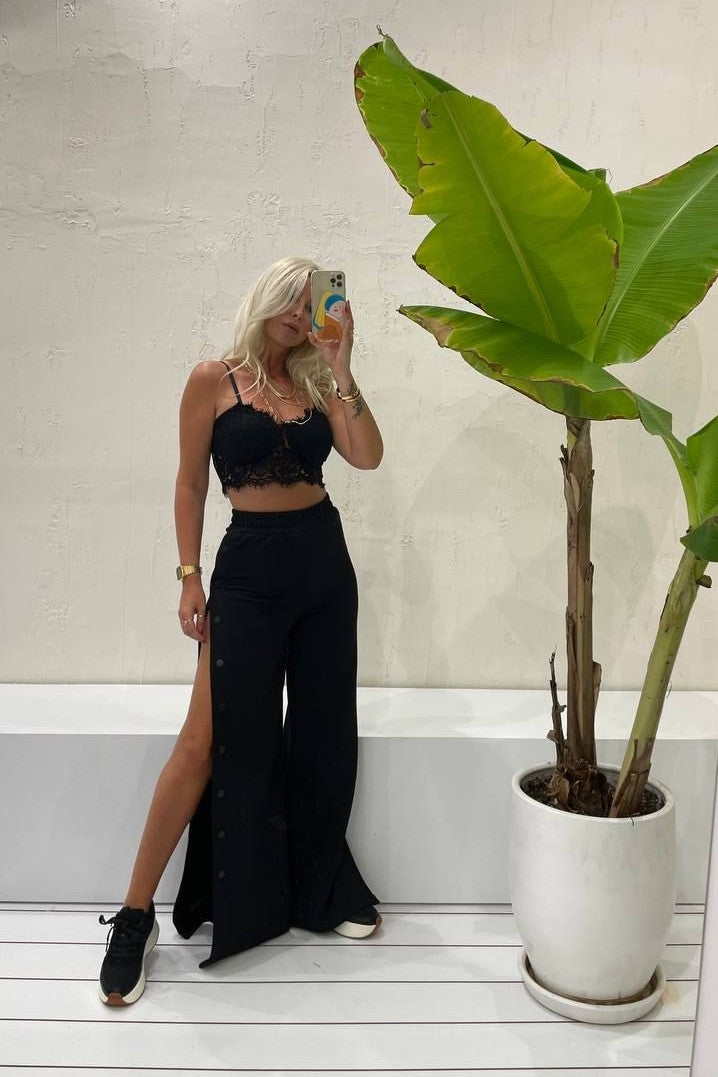 Button Side Wide Leg Trousers<span> - </span>Black, Small image