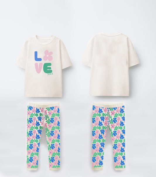 Girls Cotton Set - Love & Flowers Print T-shirt and legging image 0