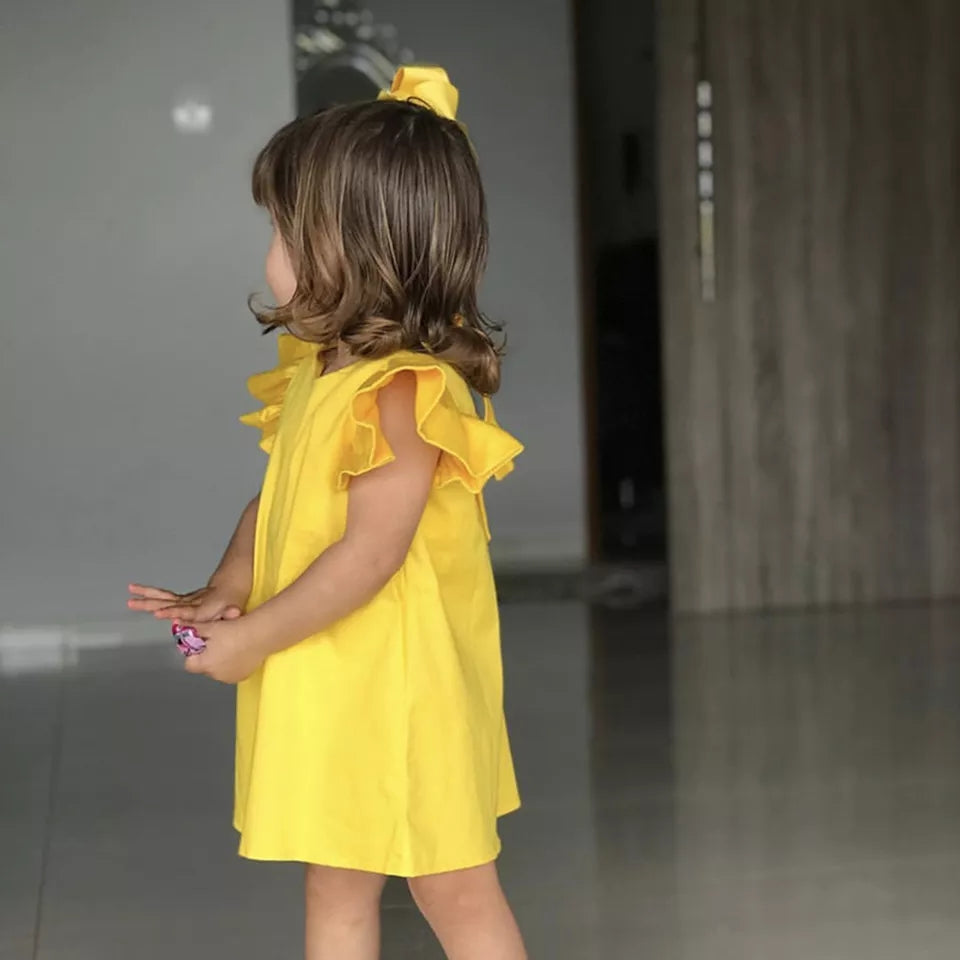 Fly Sleeve Solid Bow Dress- Yellow image 0