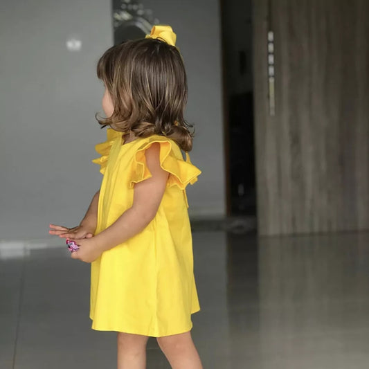 Fly Sleeve Solid Bow Dress- Yellow image 0