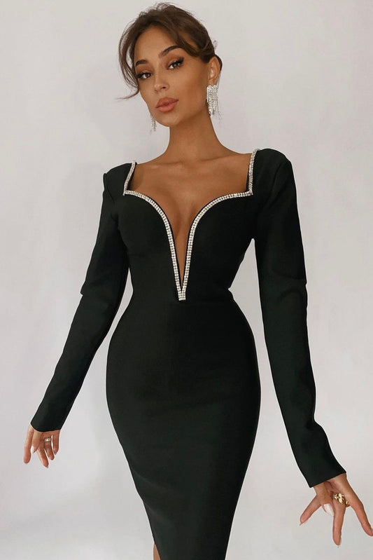 Elegant Strass Detail Bodycon Black Dress image 0