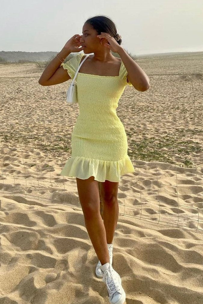 Shirred Ruffle Hem Fitted Dress<span> - </span>Sunny Yellow, Medium image