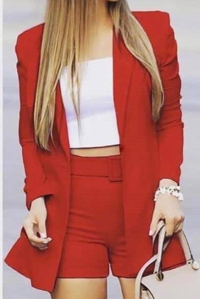 Lapel Collar Open Front Long Blazer and Shorts Set image 1