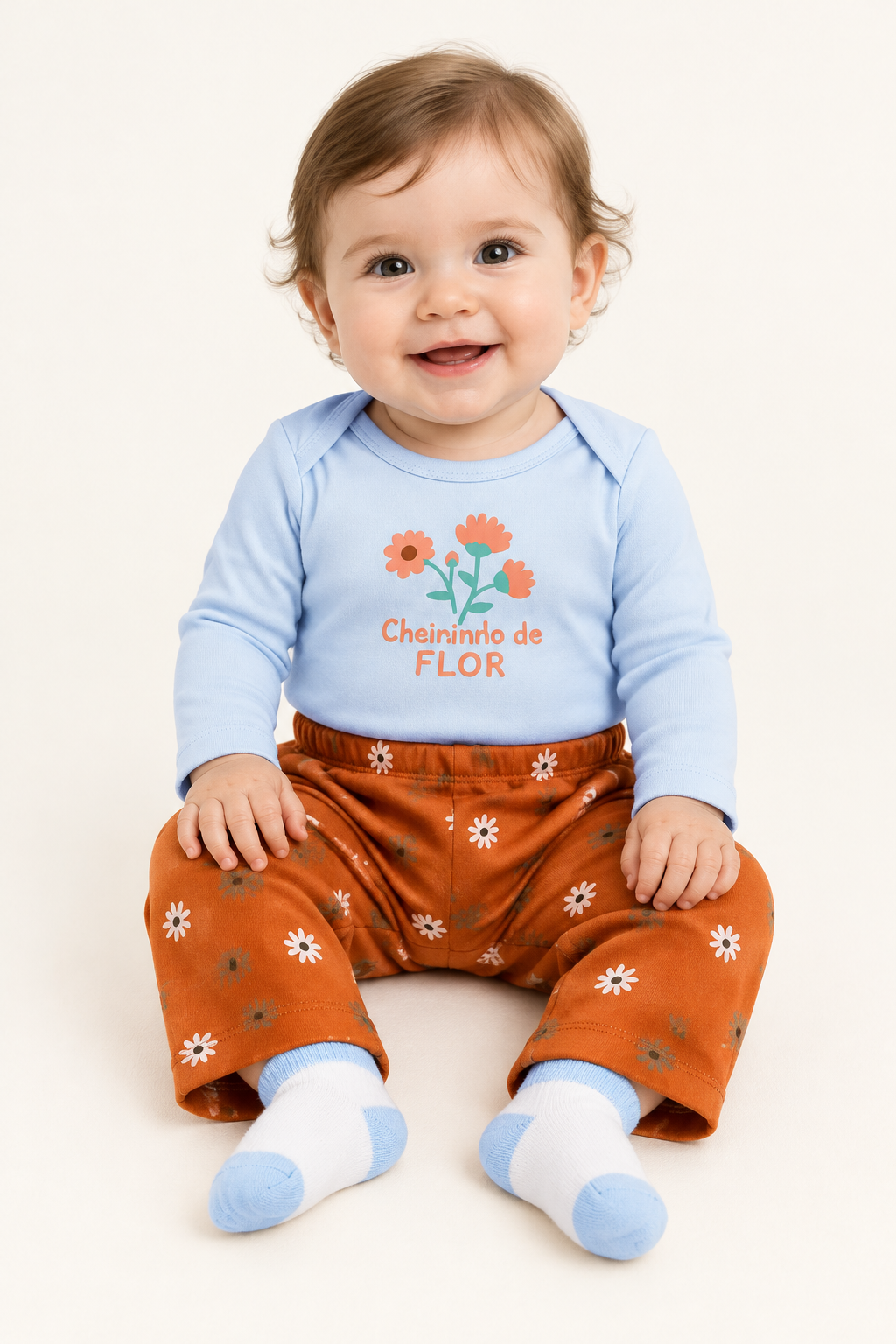 9-month-old baby girl wearing the blue floral bodysuit and rust pants set