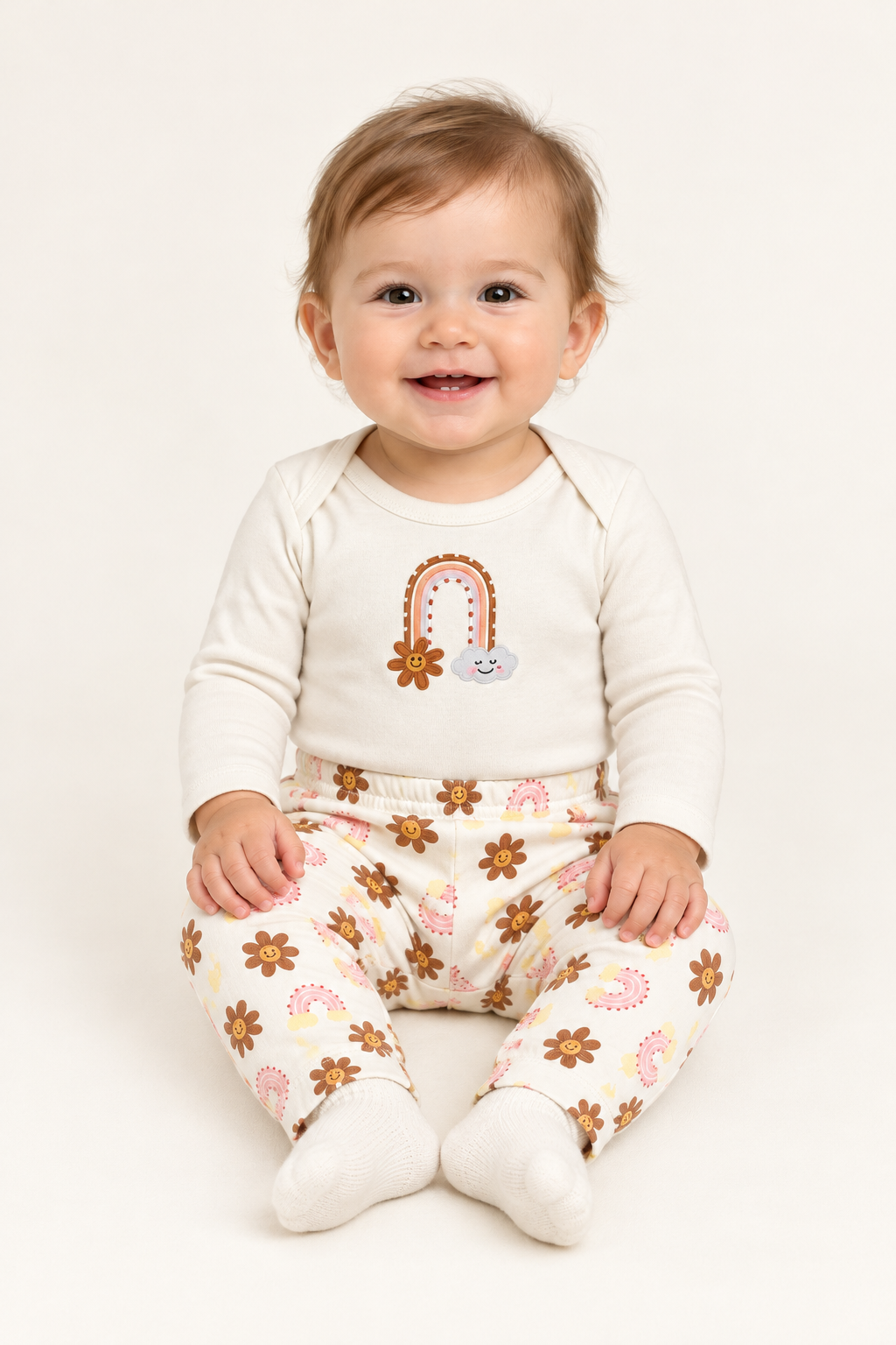9-month-old girl wearing the rainbow bodysuit and floral pants with a slightly more fitted leg