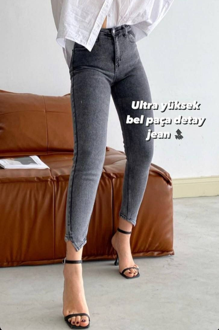 Denim Bottom Detail Pants- Dark Grey image 0