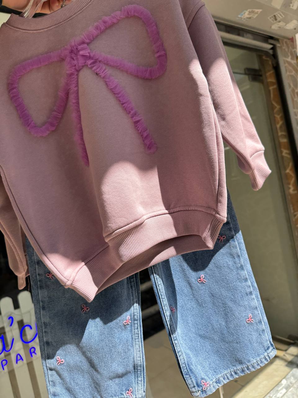 Girls Set Top & baggy Jeans Pink with Bow ties image 1
