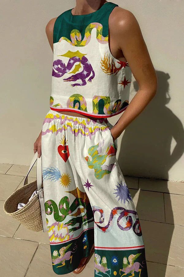 Colourful Print Sleeveless Top & Wide-Leg Trouser Set