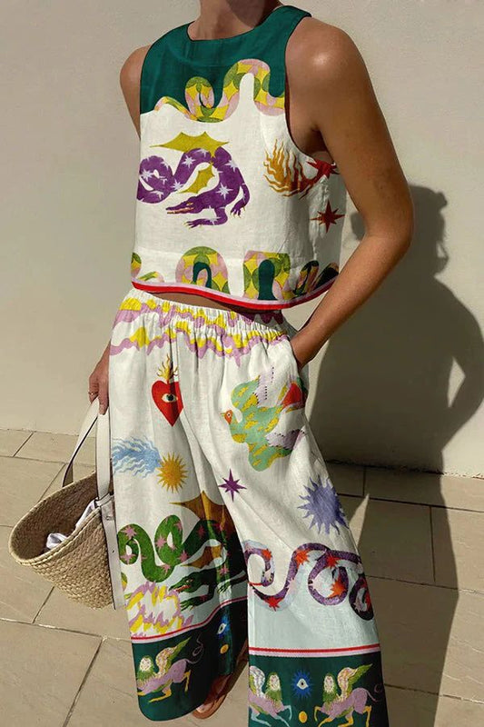 Colourful Print Sleeveless Top & Wide-Leg Trouser Set