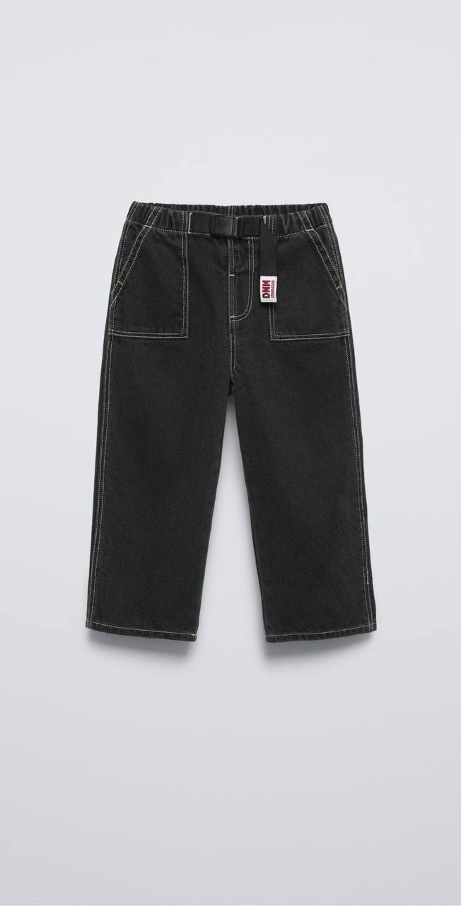 Kids’ Black Contrast-Stitch Trousers with Buckle Belt