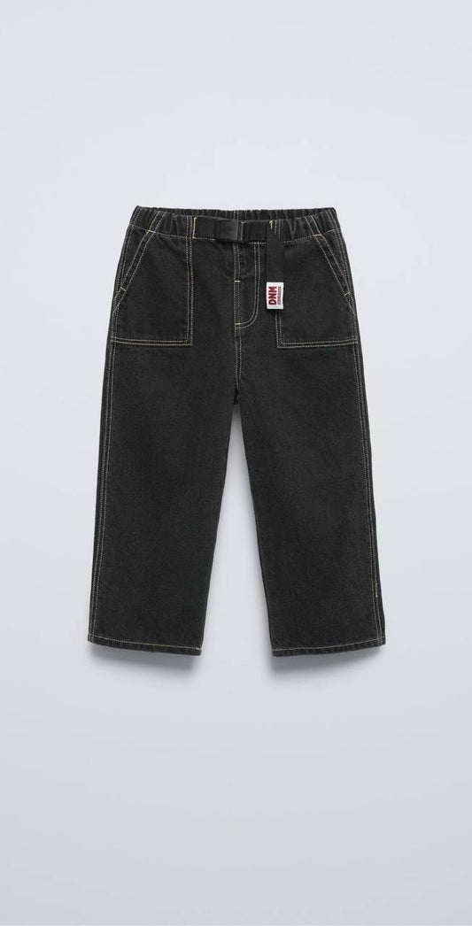 Kids’ Black Contrast-Stitch Trousers with Buckle Belt