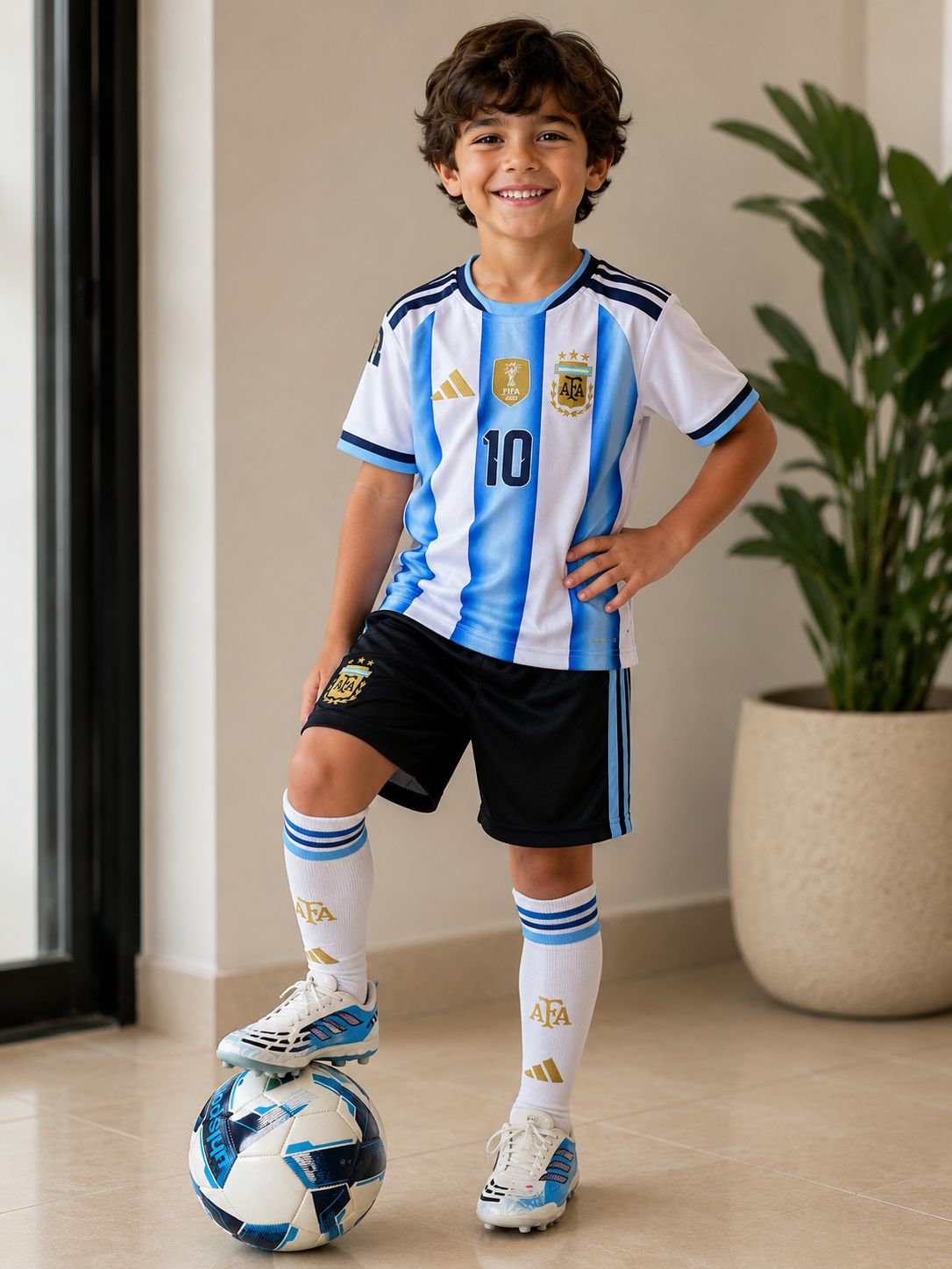 Boy wearing Argentina Adidas football kit number 10 white blue stripes with black shorts and white socks