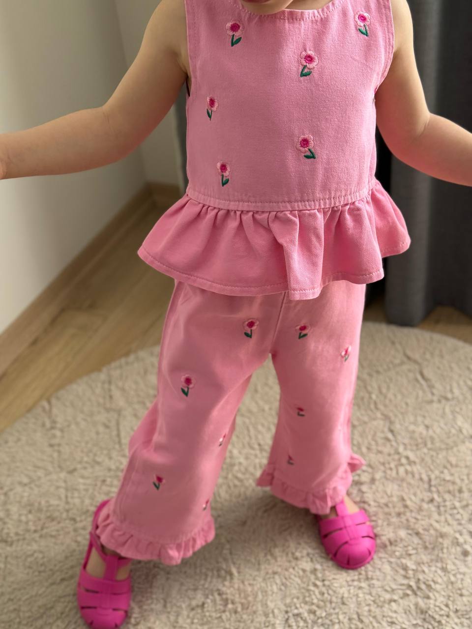 Pink Demin Sleevless Top and Pants with Floral Embroidery Set