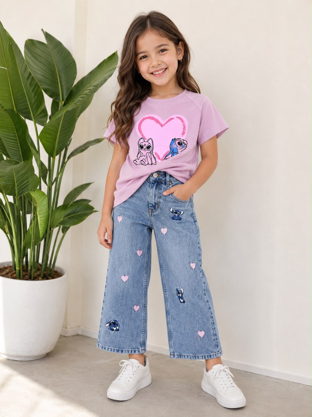 Girls' Stitch & Angel Heart Wide-Leg and Pink Top Set