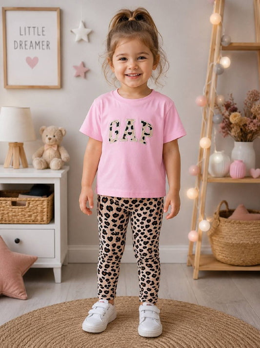 Pink "GAP" Logo  T-Shirt & Leopard Print Leggings 2-Piece Set