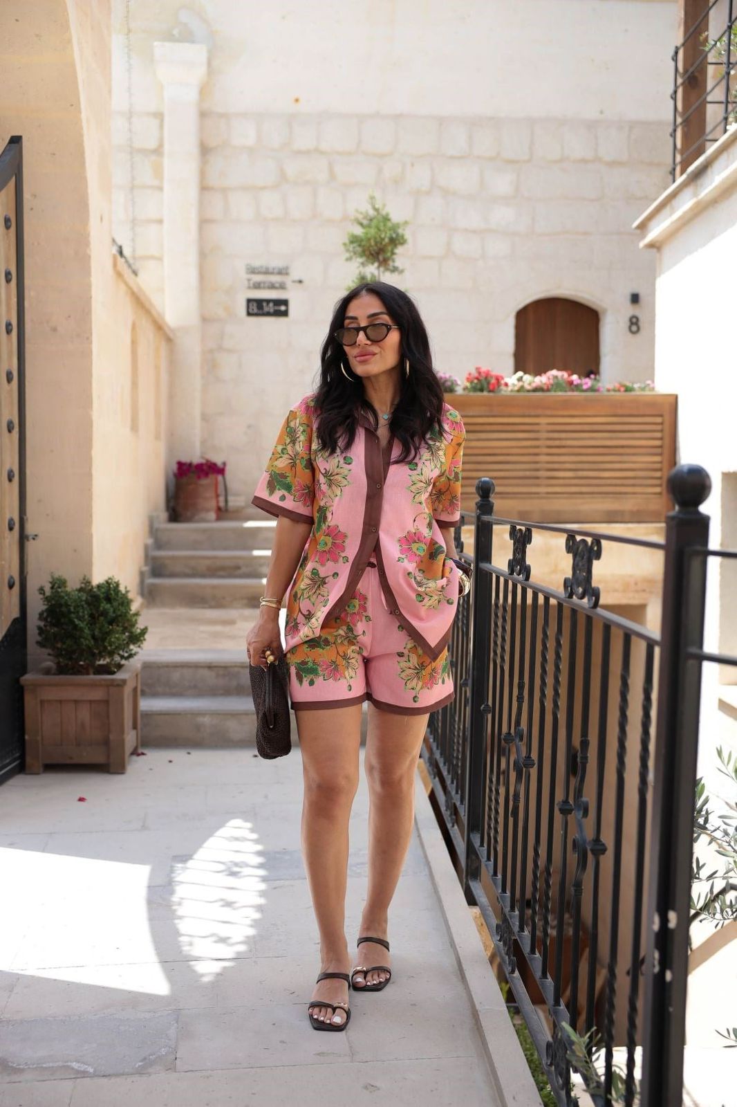 Pink Floral Spliced Linen Button-Up Shirt and Shorts Set