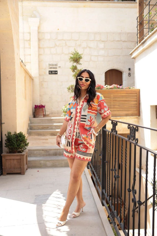 Tropical Linen Button-Up Shirt and Shorts 2-piece Set